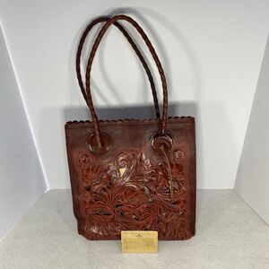 Patricia Nash Burnt Orange Hand Tooled Leather Tote Floral Shoulder Bag P236244
